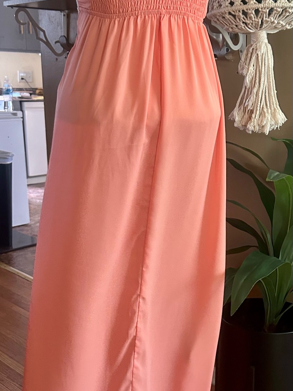 Strapless Coral Dress with Multicolor Embroidered V-Neck - Picture 8 of 11
